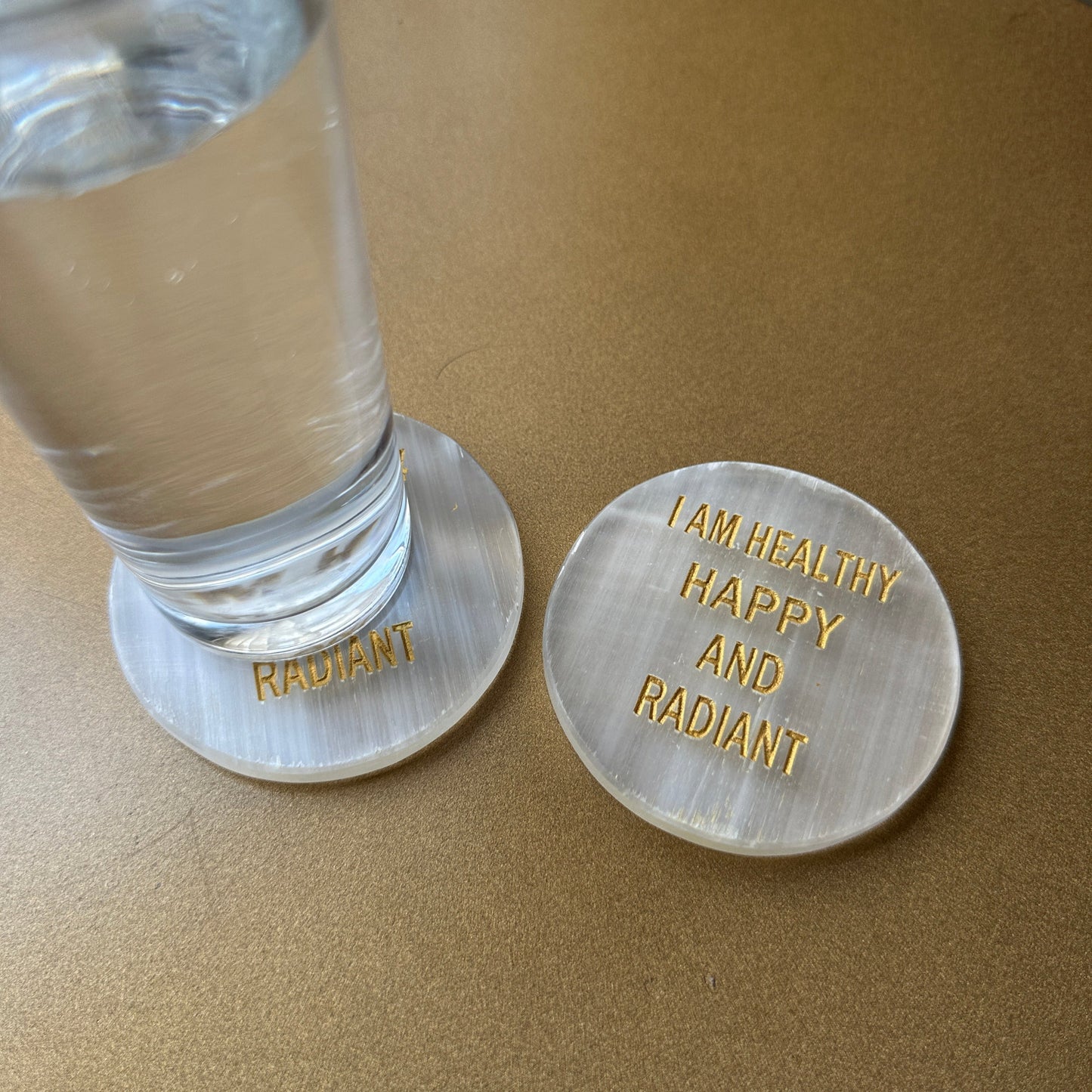 100% Natural Selenite Coaster 'I am Healthy Happy and Radiant'-Positive Affirmation Charging Plate!