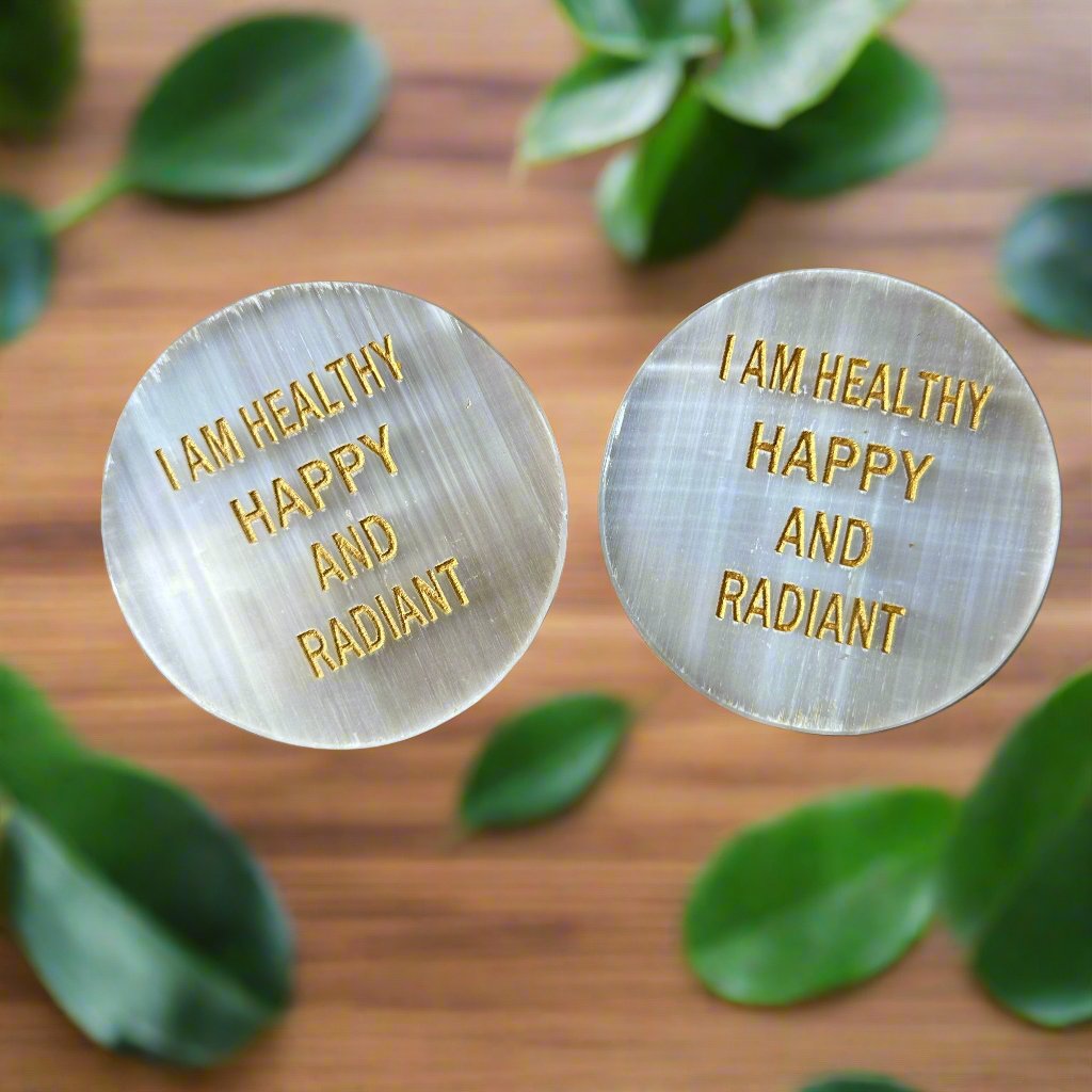 100% Natural Selenite Coaster 'I am Healthy Happy and Radiant'-Positive Affirmation Charging Plate!