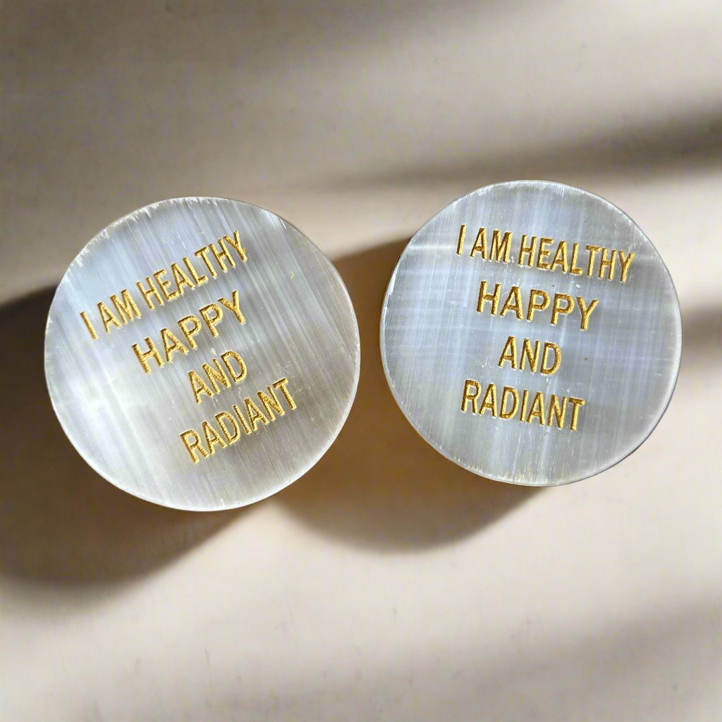 100% Natural Selenite Coaster 'I am Healthy Happy and Radiant'-Positive Affirmation Charging Plate!