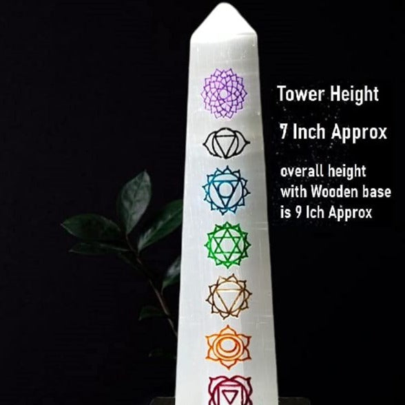 Natural Selenite Tower Lamp Night Lamp for Vaastu correction - Remove Negative Energy(Selenite Wand 7 Chakra Carving)