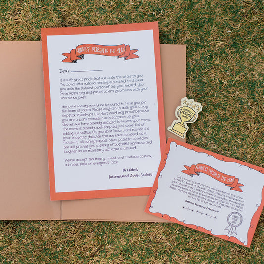 The Funniest Person Certificate with a Mini Badge Award- A quirky gift for your loved one!