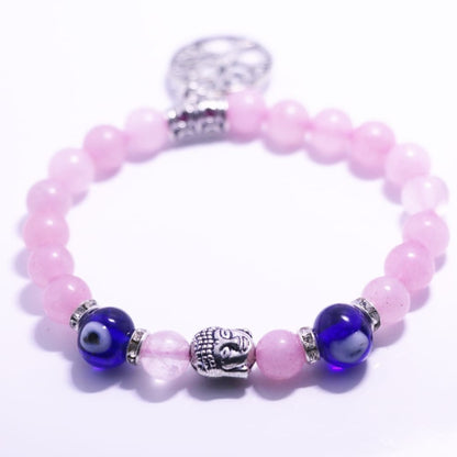 Rose Quartz & Evil Eye Beads with Buddha & Tree of Life Charm - Natural Stone for Love, Emotional Healing, Energy Stone for the heart!