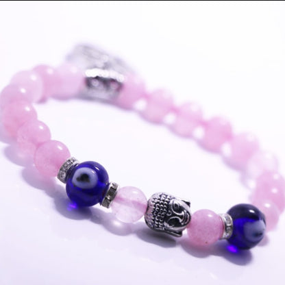 Rose Quartz & Evil Eye Beads with Buddha & Tree of Life Charm - Natural Stone for Love, Emotional Healing, Energy Stone for the heart!