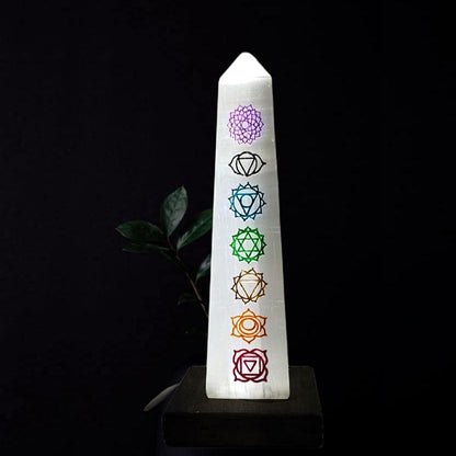 Natural Selenite Tower Lamp Night Lamp for Vaastu correction - Remove Negative Energy(Selenite Wand 7 Chakra Carving)